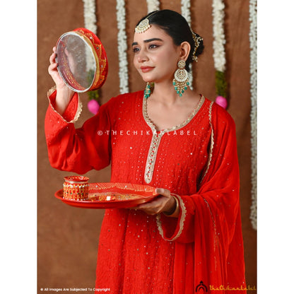 The Chikan Label Mehr-E-Chaand Viscose Chikankari Kurta With Sharara And Dupatta - Red