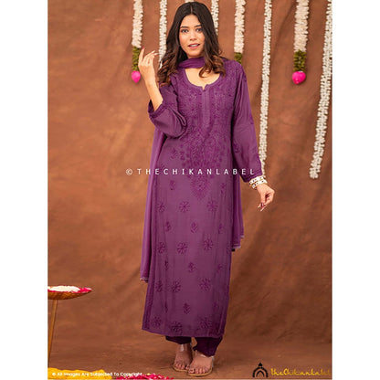 The Chikan Label Women Muslin Embroidered Kurta with Pant and Dupatta