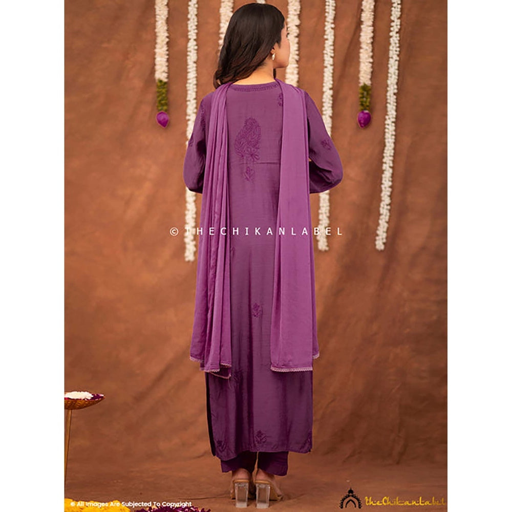The Chikan Label Women Muslin Embroidered Kurta with Pant and Dupatta