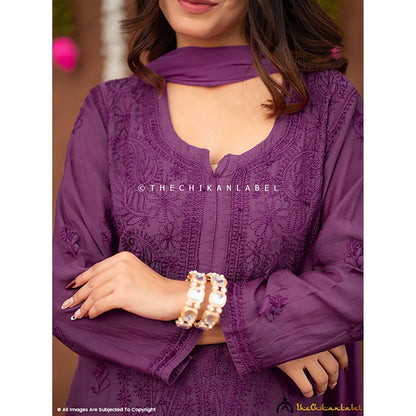 The Chikan Label Women Muslin Embroidered Kurta with Pant and Dupatta