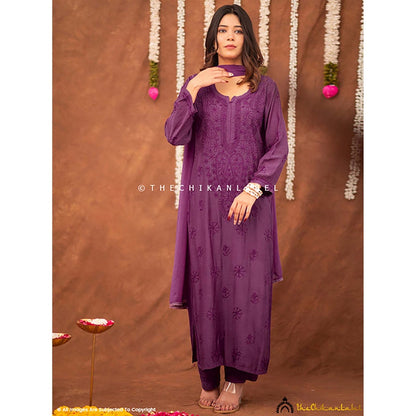 The Chikan Label Women Muslin Embroidered Kurta with Pant and Dupatta