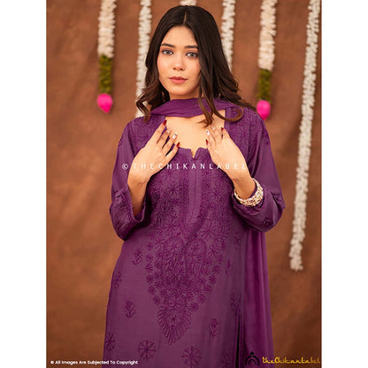 The Chikan Label Women Muslin Embroidered Kurta with Pant and Dupatta