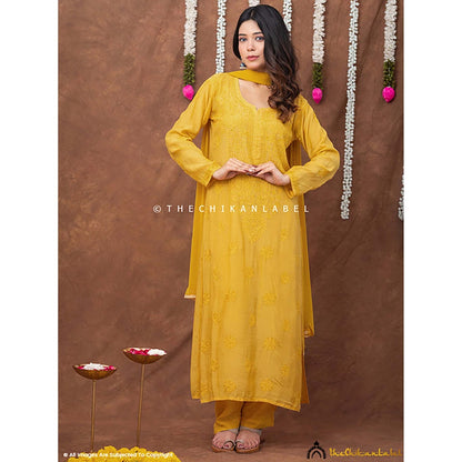 The Chikan Label Women Muslin Embroidered Kurta with Pant and Dupatta