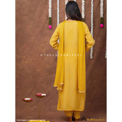 The Chikan Label Women Muslin Embroidered Kurta with Pant and Dupatta