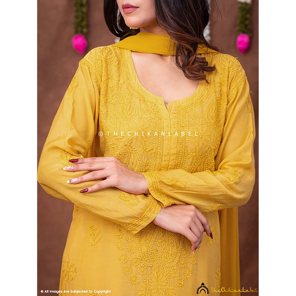 The Chikan Label Women Muslin Embroidered Kurta with Pant and Dupatta