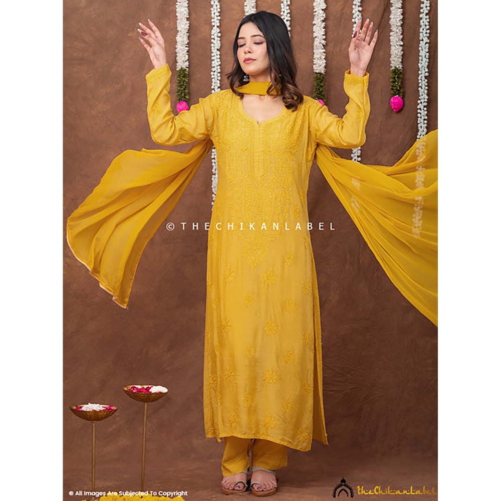 The Chikan Label Women Muslin Embroidered Kurta with Pant and Dupatta