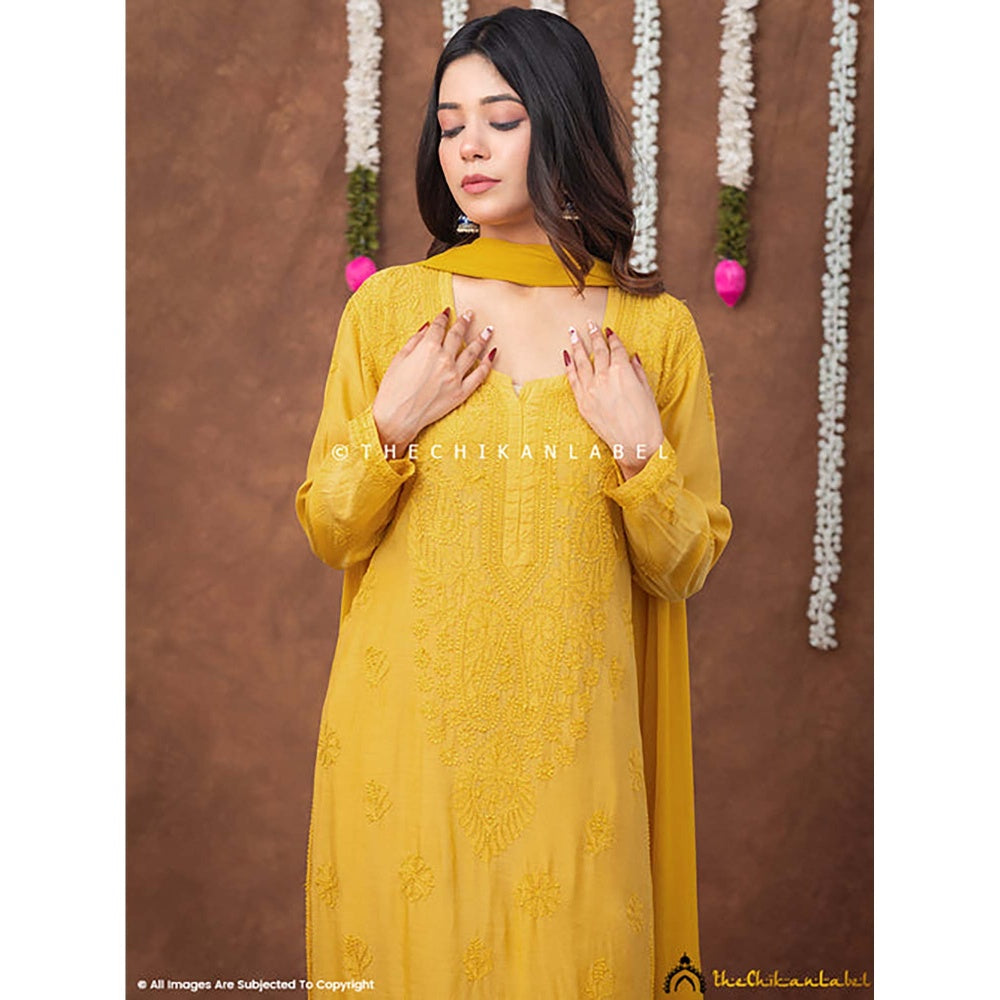 The Chikan Label Women Muslin Embroidered Kurta with Pant and Dupatta