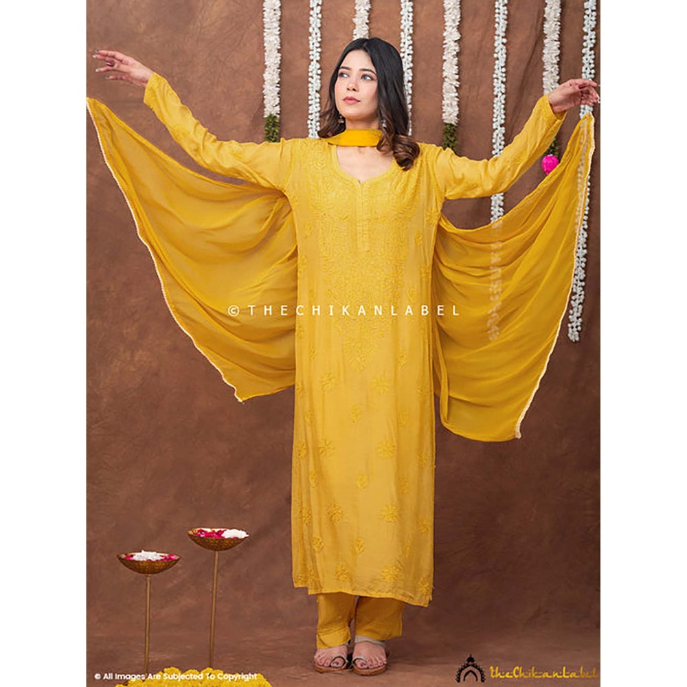 The Chikan Label Women Muslin Embroidered Kurta with Pant and Dupatta