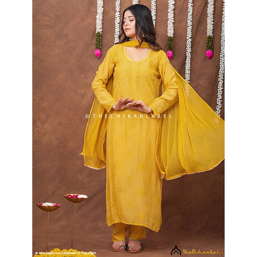 The Chikan Label Women Muslin Embroidered Kurta with Pant and Dupatta