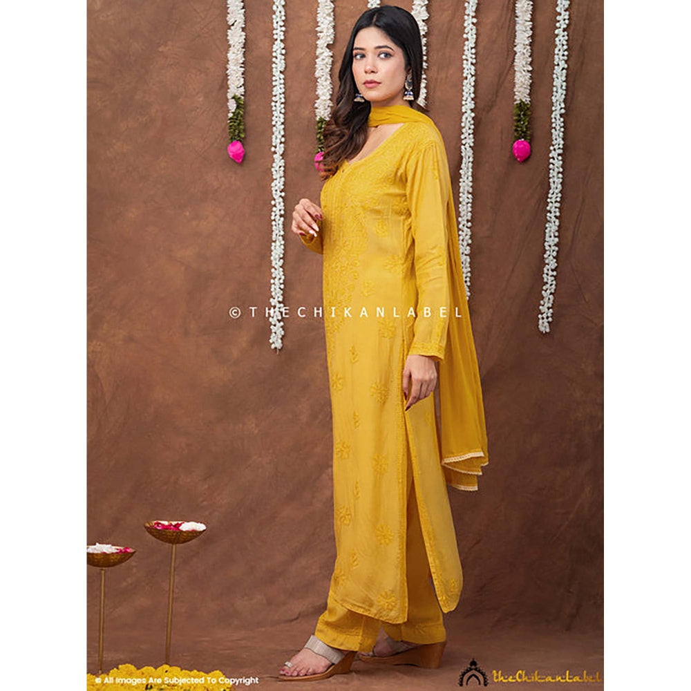 The Chikan Label Women Muslin Embroidered Kurta with Pant and Dupatta