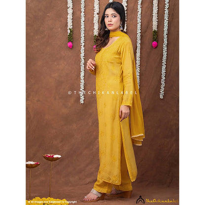 The Chikan Label Women Muslin Embroidered Kurta with Pant and Dupatta