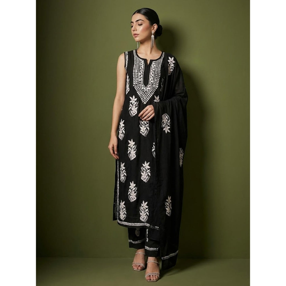 The Chikan Label Black Ashvi Modal Chikankari Sleeveless Kurta with Pant and Dupatta