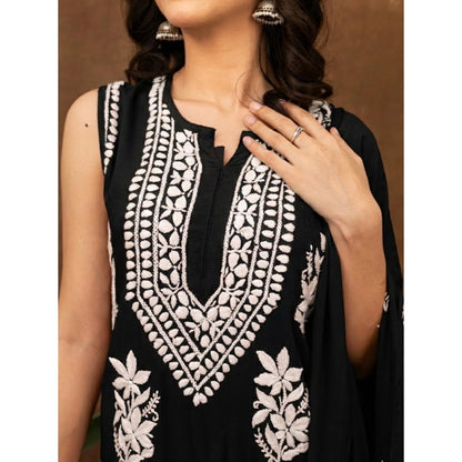 The Chikan Label Black Ashvi Modal Chikankari Sleeveless Kurta with Pant and Dupatta