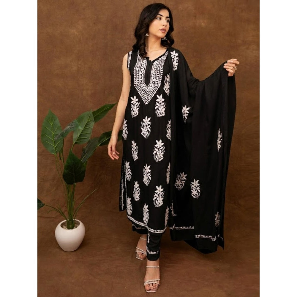 The Chikan Label Black Ashvi Modal Chikankari Sleeveless Kurta with Pant and Dupatta