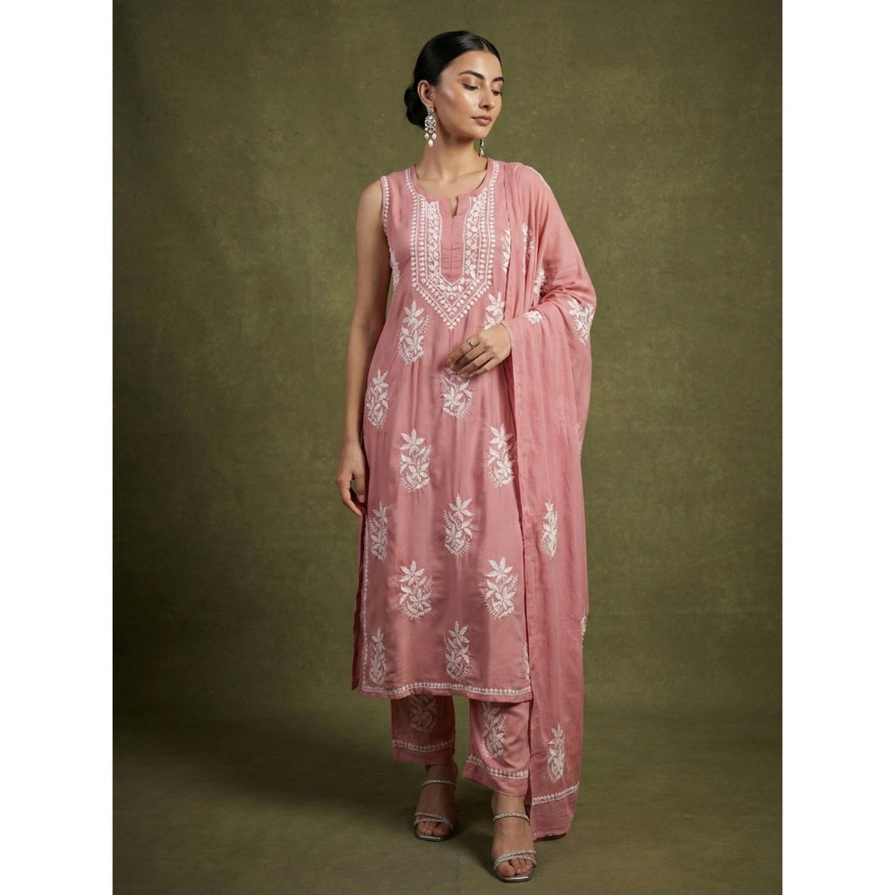 The Chikan Label Pink Ashvi Modal Chikankari Sleeveless Kurta with Pant and Dupatta