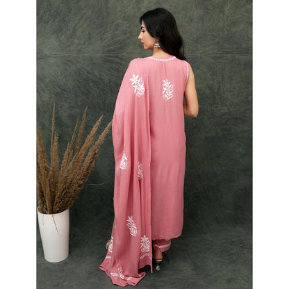 The Chikan Label Pink Ashvi Modal Chikankari Sleeveless Kurta with Pant and Dupatta