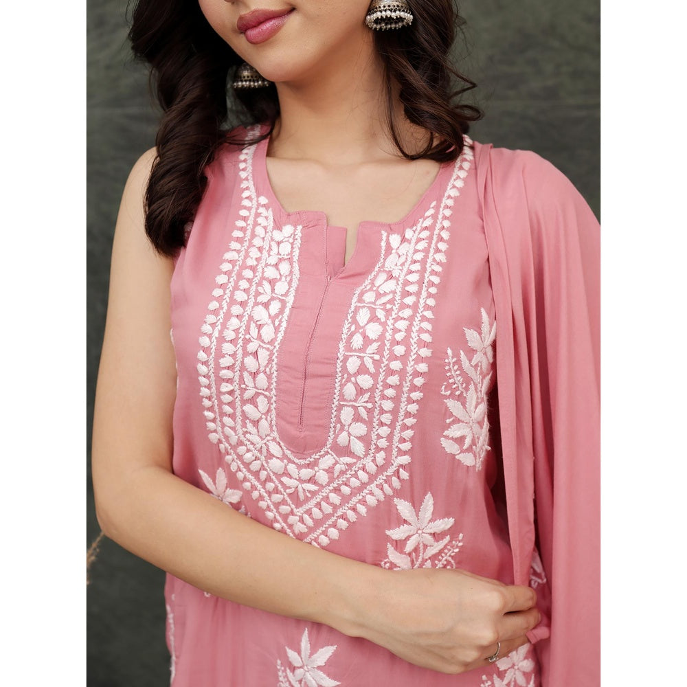 The Chikan Label Pink Ashvi Modal Chikankari Sleeveless Kurta with Pant and Dupatta