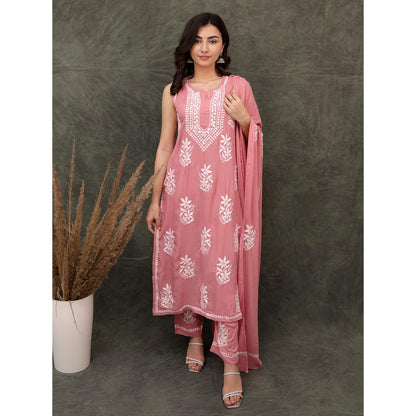 The Chikan Label Pink Ashvi Modal Chikankari Sleeveless Kurta with Pant and Dupatta