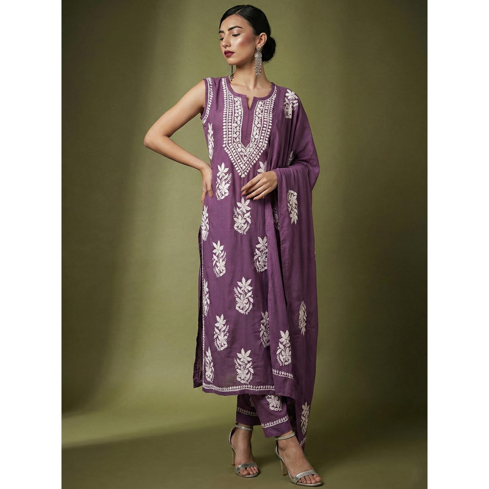 The Chikan Label Purple Ashvi Modal Chikankari Sleeveless Kurta with Pant and Dupatta