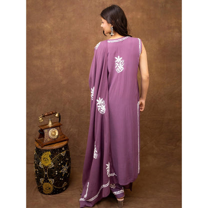 The Chikan Label Purple Ashvi Modal Chikankari Sleeveless Kurta with Pant and Dupatta