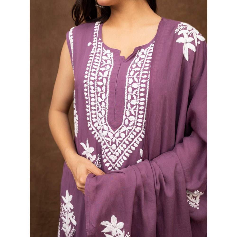 The Chikan Label Purple Ashvi Modal Chikankari Sleeveless Kurta with Pant and Dupatta