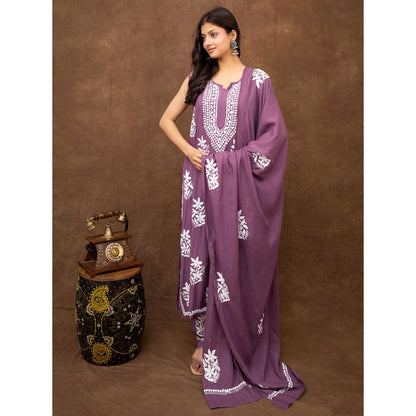 The Chikan Label Purple Ashvi Modal Chikankari Sleeveless Kurta with Pant and Dupatta