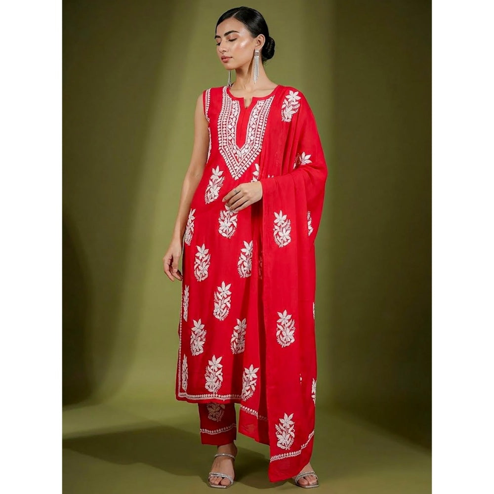 The Chikan Label Red Ashvi Modal Chikankari Sleeveless Kurta with Pant and Dupatta
