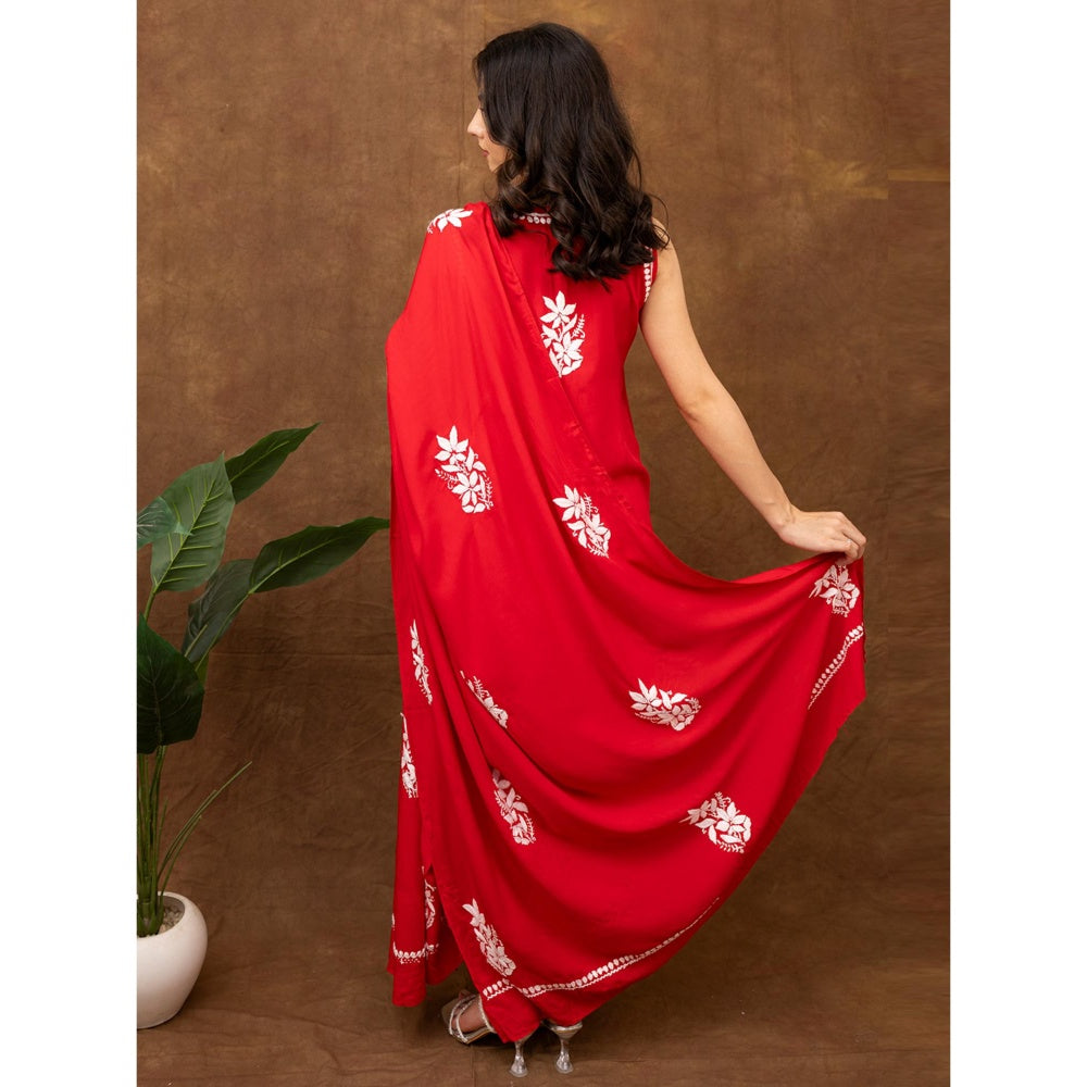 The Chikan Label Red Ashvi Modal Chikankari Sleeveless Kurta with Pant and Dupatta