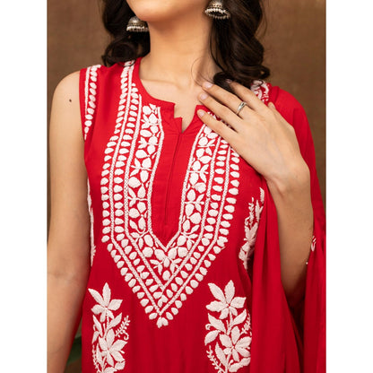 The Chikan Label Red Ashvi Modal Chikankari Sleeveless Kurta with Pant and Dupatta