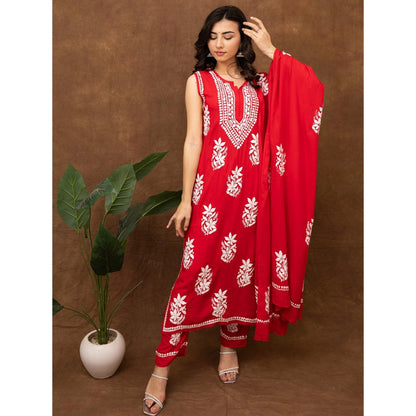 The Chikan Label Red Ashvi Modal Chikankari Sleeveless Kurta with Pant and Dupatta