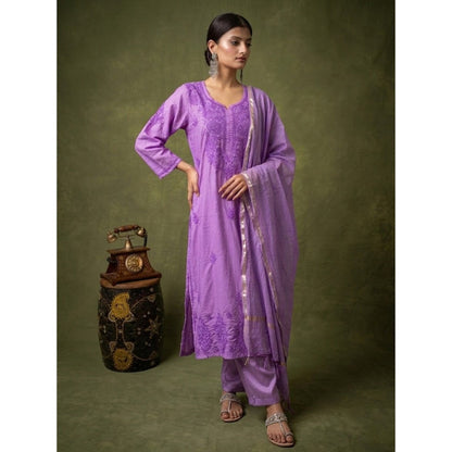 The Chikan Label Tiya Lavender Chanderi Chikankari Kurta with Pant and Dupatta