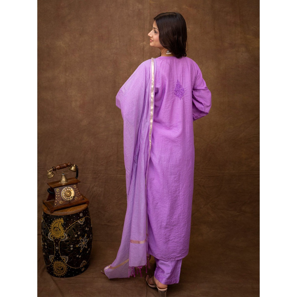 The Chikan Label Tiya Lavender Chanderi Chikankari Kurta with Pant and Dupatta