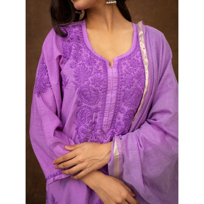 The Chikan Label Tiya Lavender Chanderi Chikankari Kurta with Pant and Dupatta