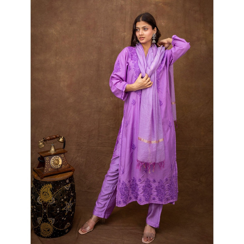 The Chikan Label Tiya Lavender Chanderi Chikankari Kurta with Pant and Dupatta