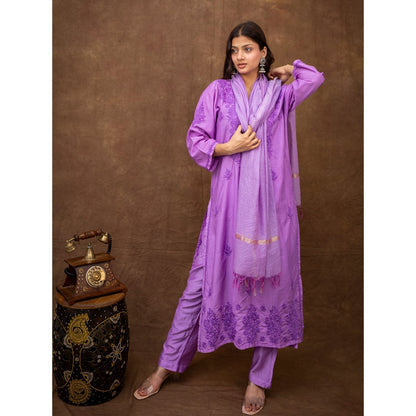 The Chikan Label Tiya Lavender Chanderi Chikankari Kurta with Pant and Dupatta