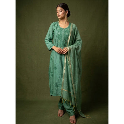 The Chikan Label Tiya Green Chanderi Chikankari Kurta with Pant and Dupatta