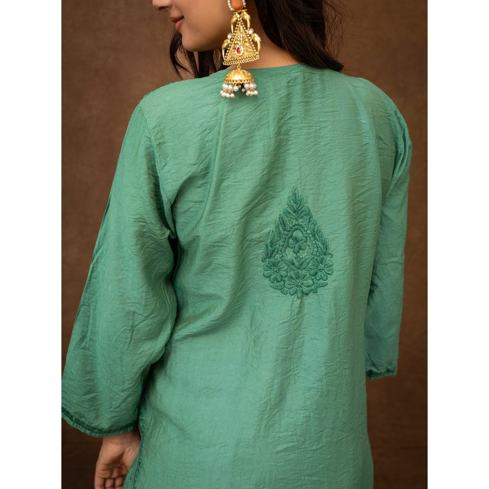 The Chikan Label Tiya Green Chanderi Chikankari Kurta with Pant and Dupatta