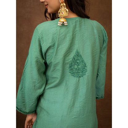 The Chikan Label Tiya Green Chanderi Chikankari Kurta with Pant and Dupatta