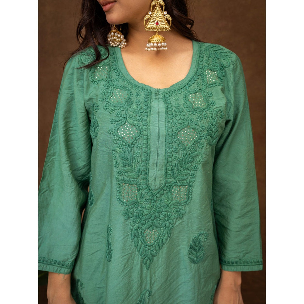 The Chikan Label Tiya Green Chanderi Chikankari Kurta with Pant and Dupatta