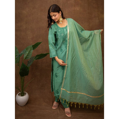 The Chikan Label Tiya Green Chanderi Chikankari Kurta with Pant and Dupatta