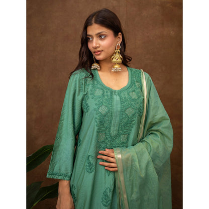 The Chikan Label Tiya Green Chanderi Chikankari Kurta with Pant and Dupatta