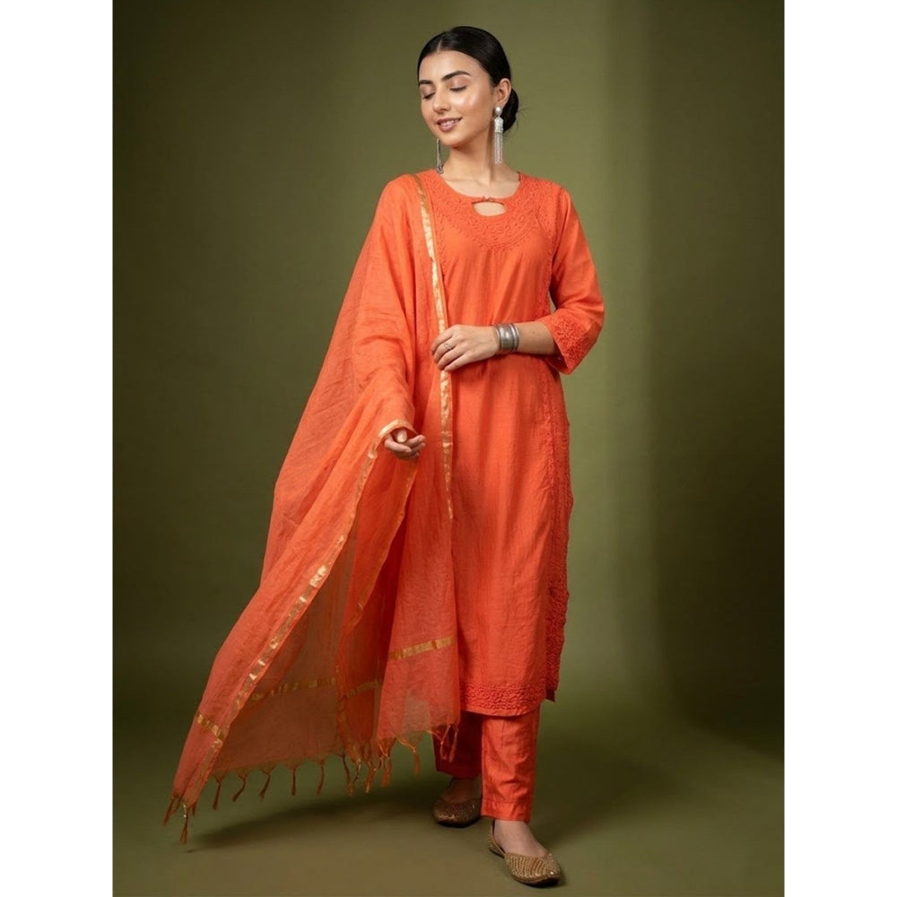 The Chikan Label Kriti Orange Chanderi Chikankari Kurta with Pant and Dupatta