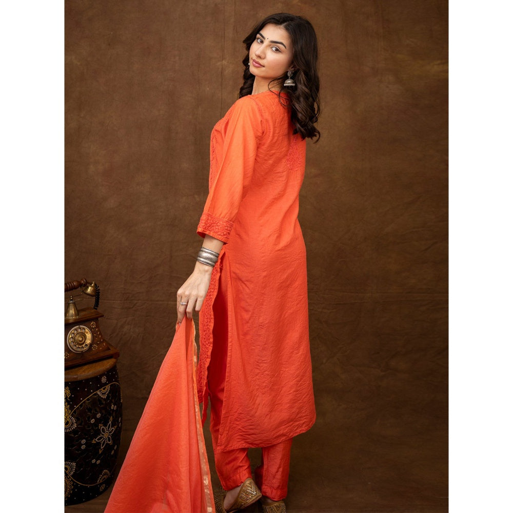 The Chikan Label Kriti Orange Chanderi Chikankari Kurta with Pant and Dupatta