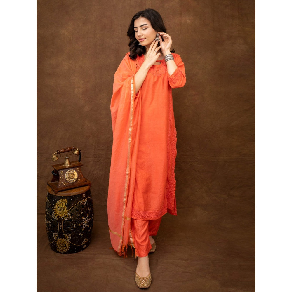 The Chikan Label Kriti Orange Chanderi Chikankari Kurta with Pant and Dupatta