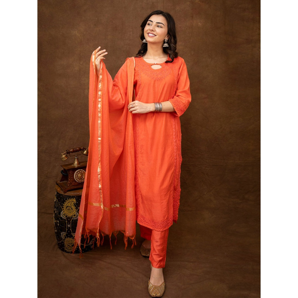 The Chikan Label Kriti Orange Chanderi Chikankari Kurta with Pant and Dupatta