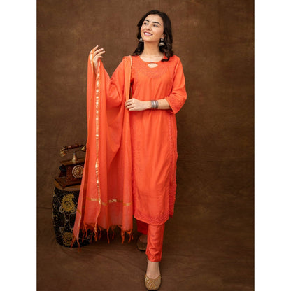 The Chikan Label Kriti Orange Chanderi Chikankari Kurta with Pant and Dupatta