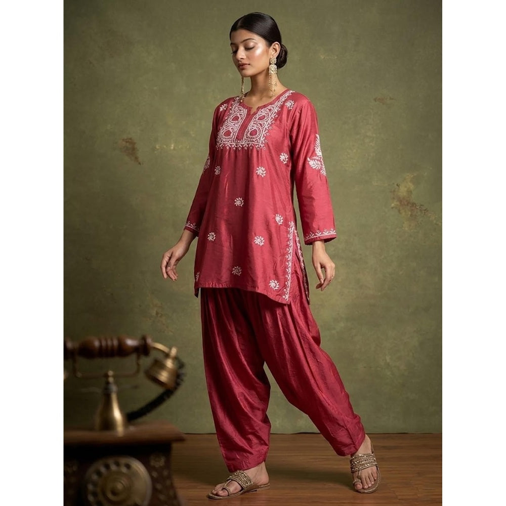 The Chikan Label Dhanvi Rani Pink Chanderi Chikankari Kurta Farshi Salwar Set