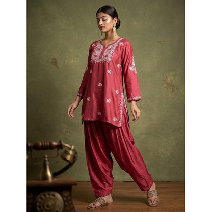 The Chikan Label Dhanvi Rani Pink Chanderi Chikankari Kurta Farshi Salwar Set