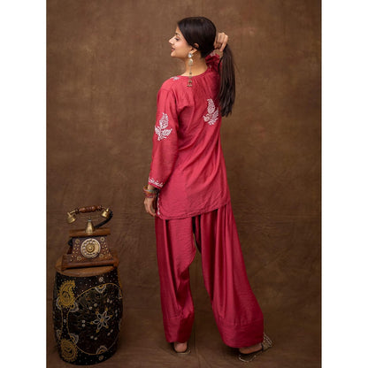 The Chikan Label Dhanvi Rani Pink Chanderi Chikankari Kurta Farshi Salwar Set