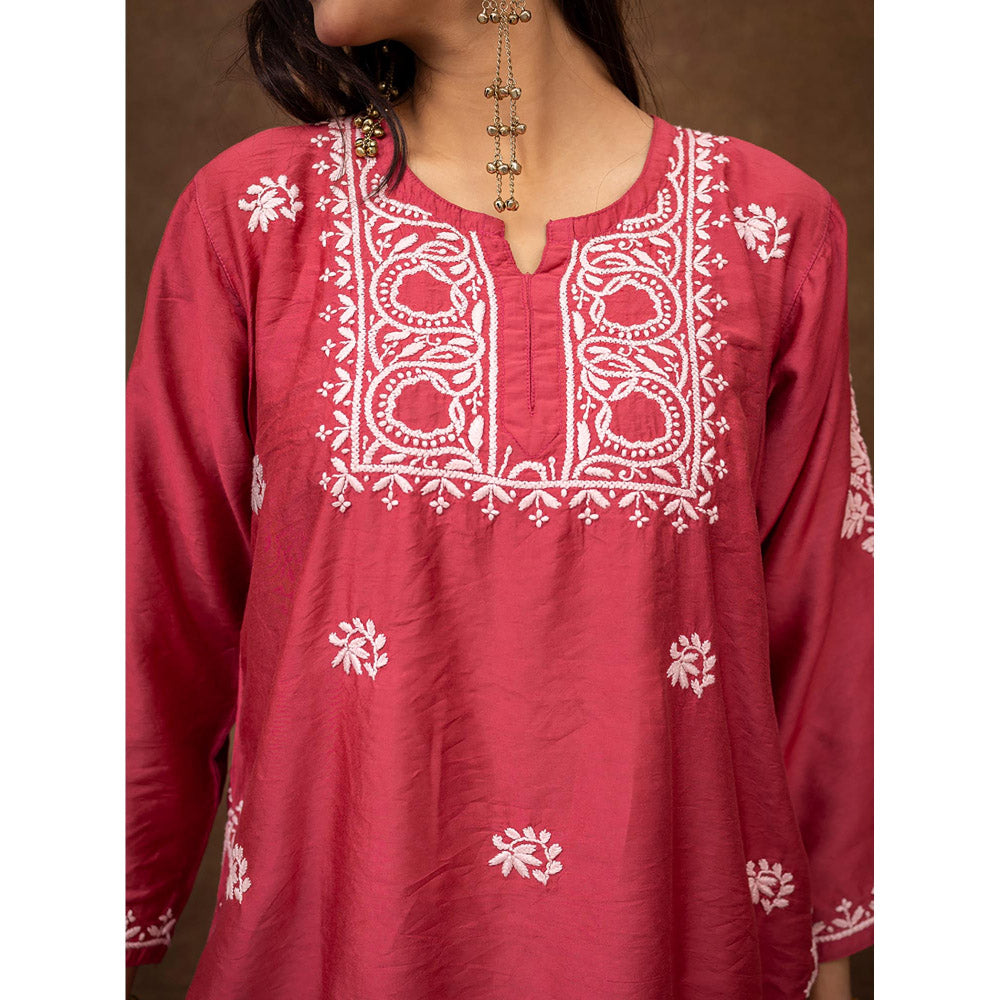 The Chikan Label Dhanvi Rani Pink Chanderi Chikankari Kurta Farshi Salwar Set